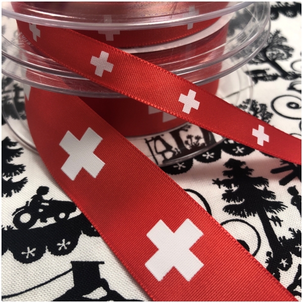 Satinband rot mit Schweizerkreuzen 25mm