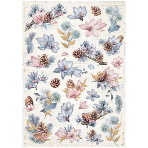 Stamperia Reispapier A4 Create Happiness Dewdrops Pinecones and Flowers