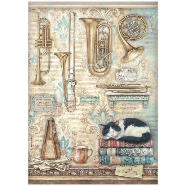 Stamperia Reispapier A4 Symphony Trumpets and Cat