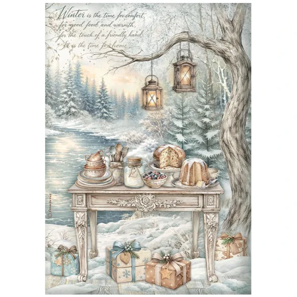 Stamperia Reispapier A4 White Christmas Festive Table By The Lake