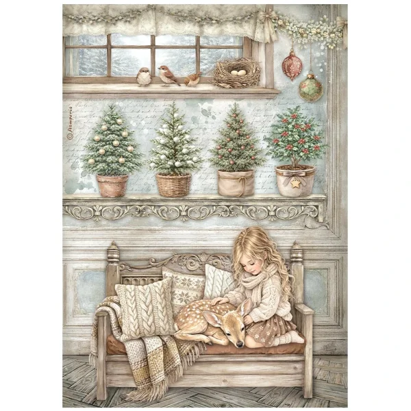 Stamperia Reispapier A4 White Christmas Little Girl And A Fawn