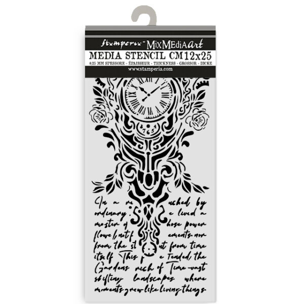 Stamperia Schablone 12 x 25 cm – Gardens of Time Clock & Writing